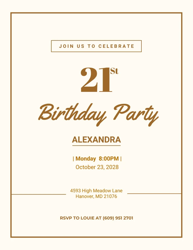 Beige And Brown Minimalist 21st Birthday Invitation Template