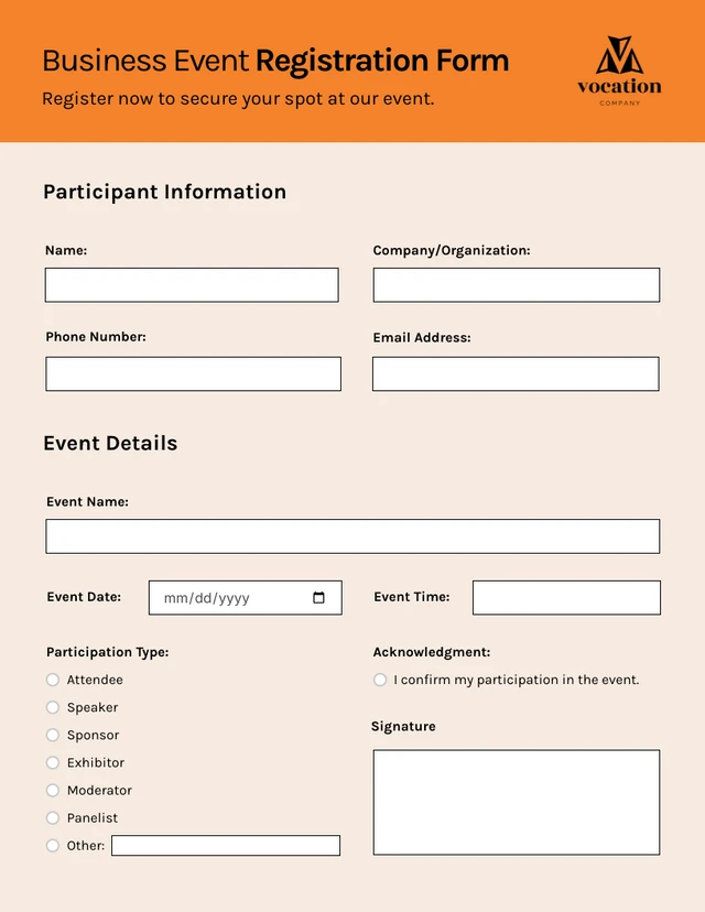 Simple Orange Pastel Register Business Form Template