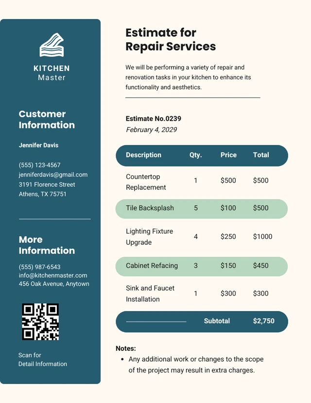 Green and Beige Repair Estimate Template