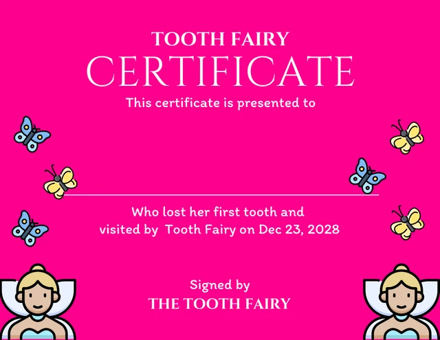 Magenta Modern Playful Illustration Tooth Fairy Certificate Template