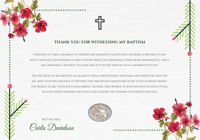 Floral Witness Adult Baptism Thank You Card Template
