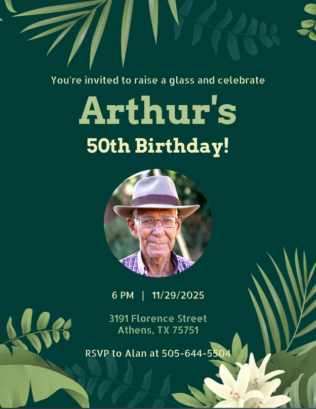 Green Playful Illustration Garden Celebrate 50th Birthday Invitation Template