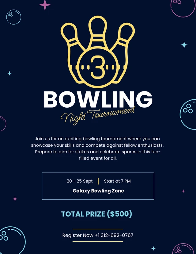 Navy Minimalist And Colorful Bowling Night Tournament Flyer Template
