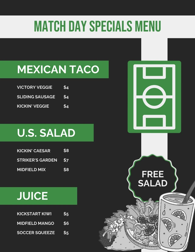 Illustrative Green and White Match Day Football Menus Template