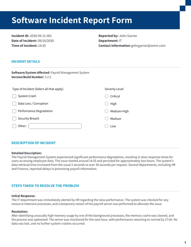 Software Incident Report Form Template - Page 1