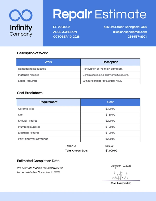 Modern Monochrome Blue Remodel Estimate Template