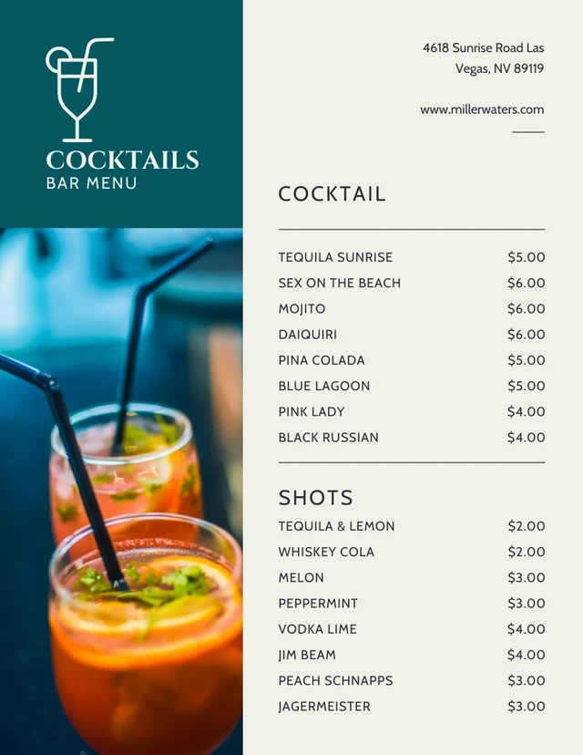 Beige And Dark Green Modern Cocktails Cafe Menu Template