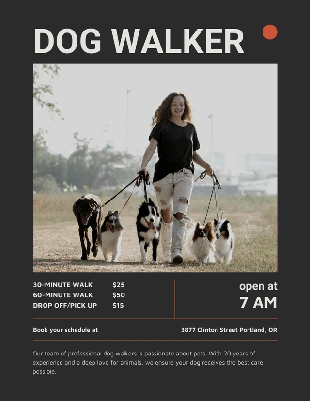 Modern Black and Orange Dog Walker Flyer Template
