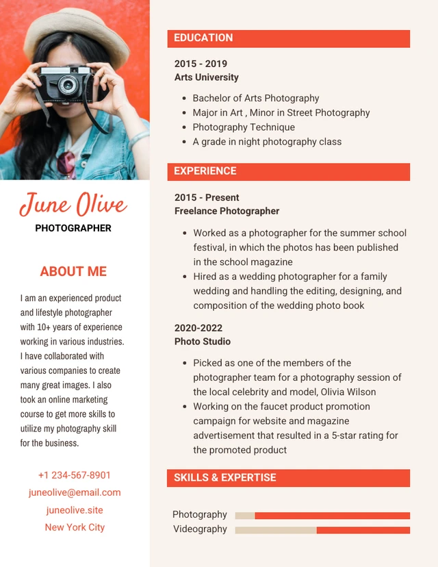 Orange And White Modern Minimalist Photographer Resume Template
