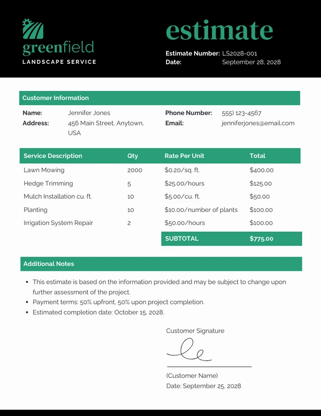 Simple Black and Green Landscape Estimate Template