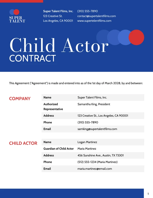 Child Actor Contract Template - Page 1