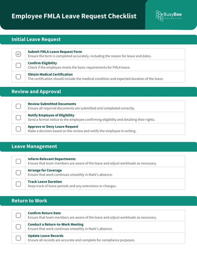 Employee FMLA Leave Request Checklist Template