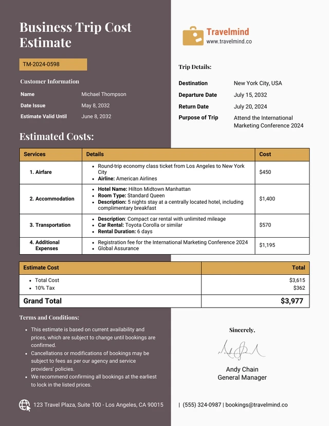 Business Trip Cost Estimate Template