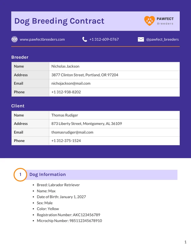 Dog Breeding Contract Template - Page 1