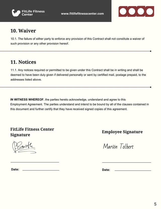 Gym Employment Contract Template - Page 5