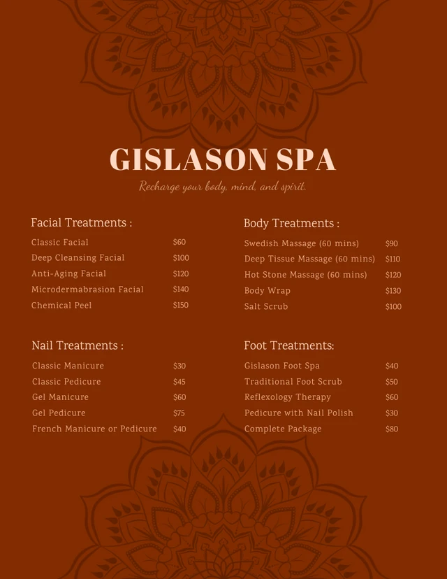 Brown Aesthetic Spa Menu Template