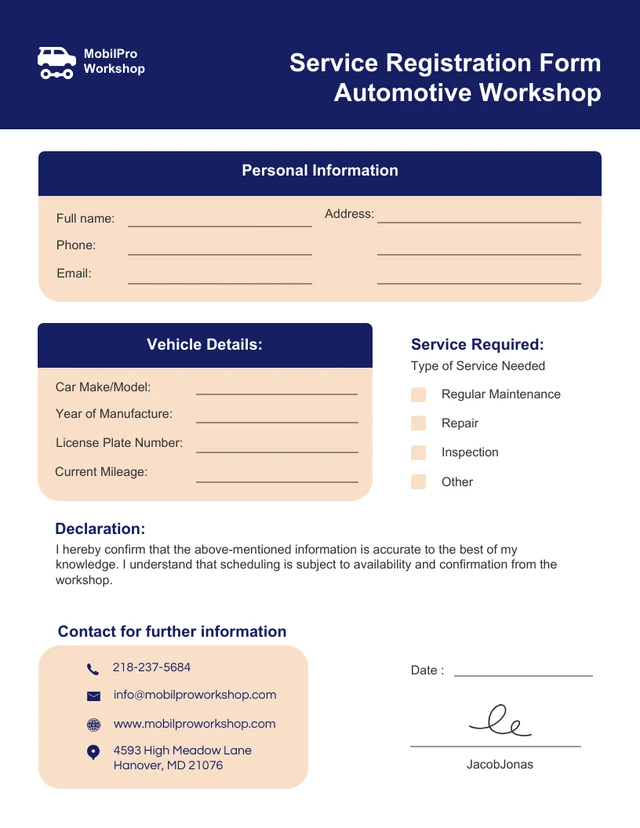 Service Registration Form Template