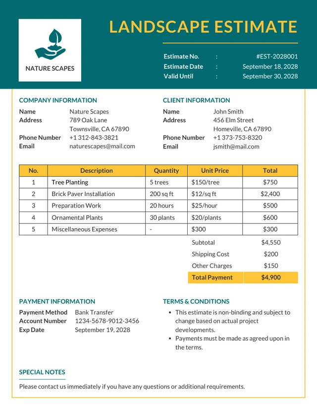 Simple Green and Yellow Landscape Estimate Template