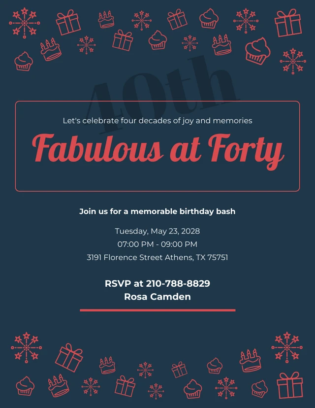 Navy And Red Dark 40Th Birthday Invitation Template