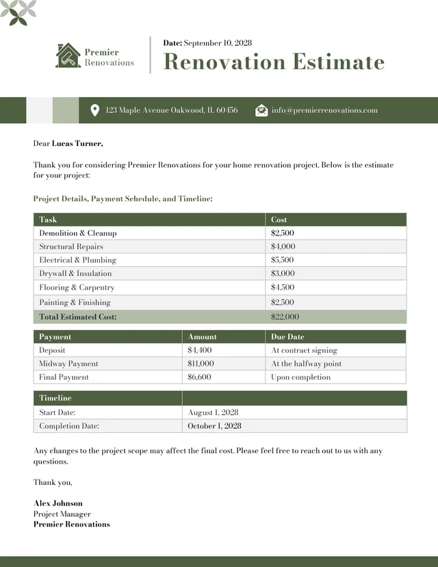 Renovation Estimate Template