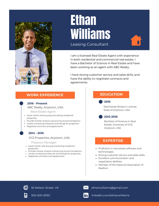 Blue And Orange Modern Professional Real Estate Resume Template
