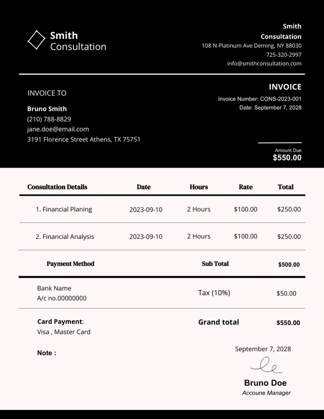 Black Simple Consultation Invoice Template