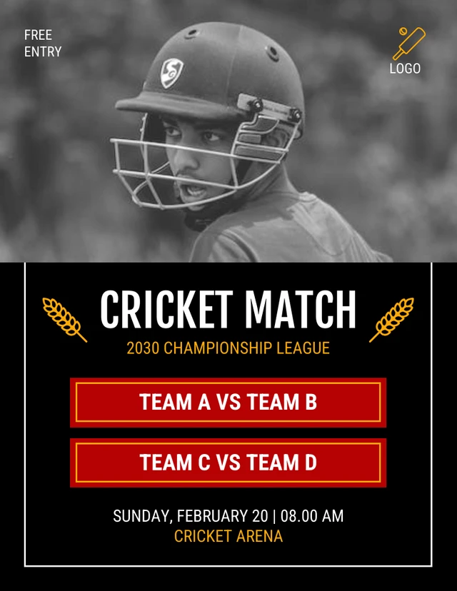 Black Minimalist Cricket Match Schedule Template