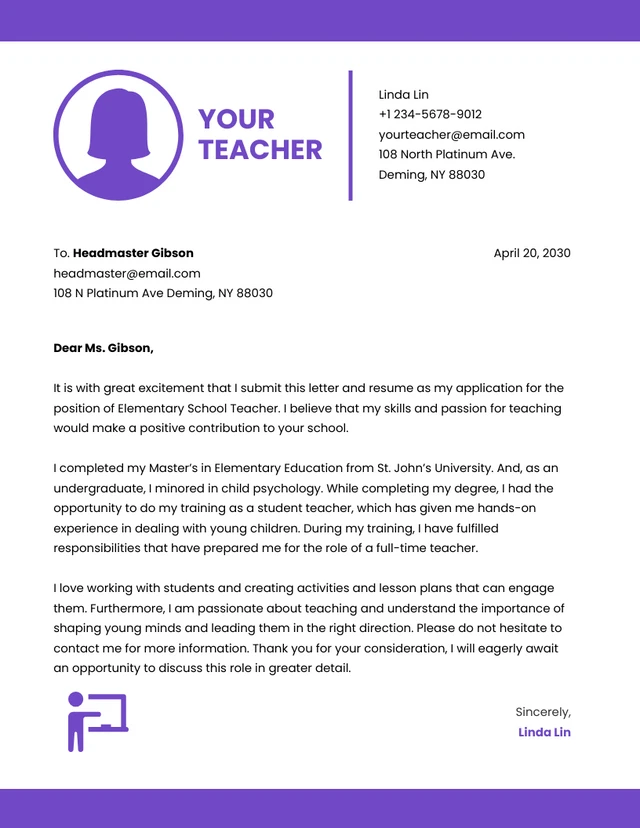 Purple And White Minimalist Professional Business Teacher Letterhead
