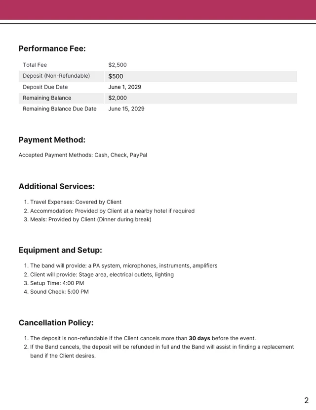 Wedding Band Contract Template - Page 2