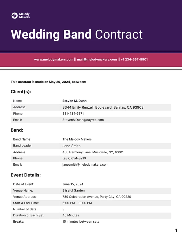 Wedding Band Contract Template - Page 1