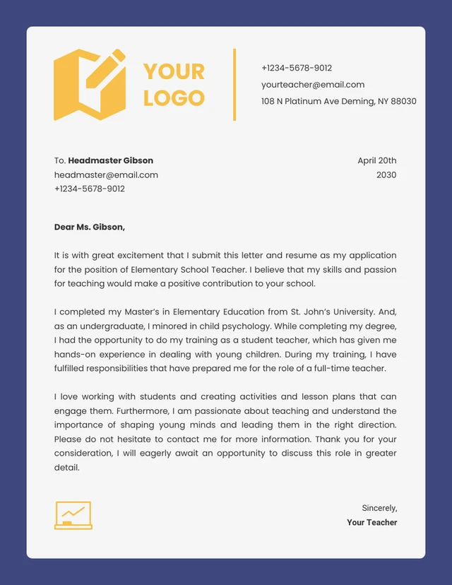 Blue And Yellow Minimalist Business Professional Teacher Letterhead
