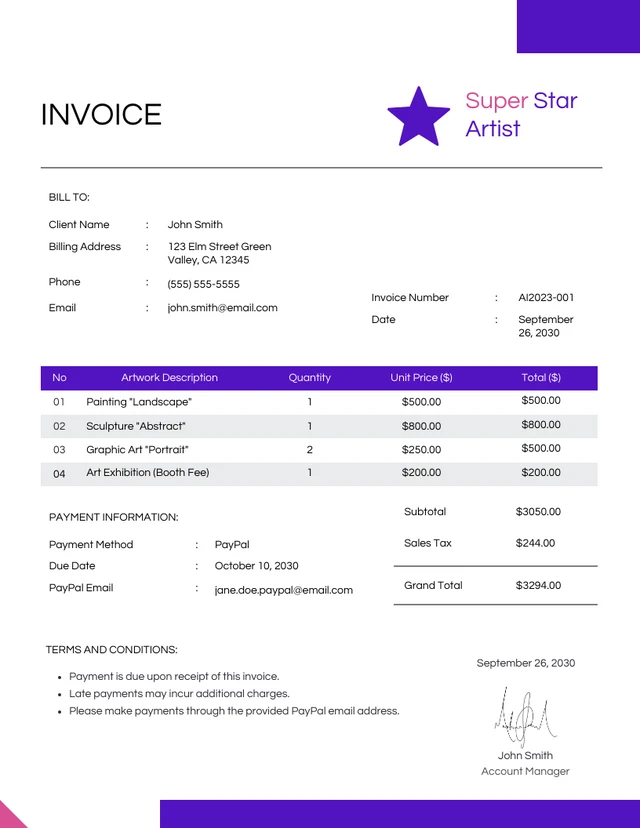 Minimalist Clean Simple Artist Invoice Template