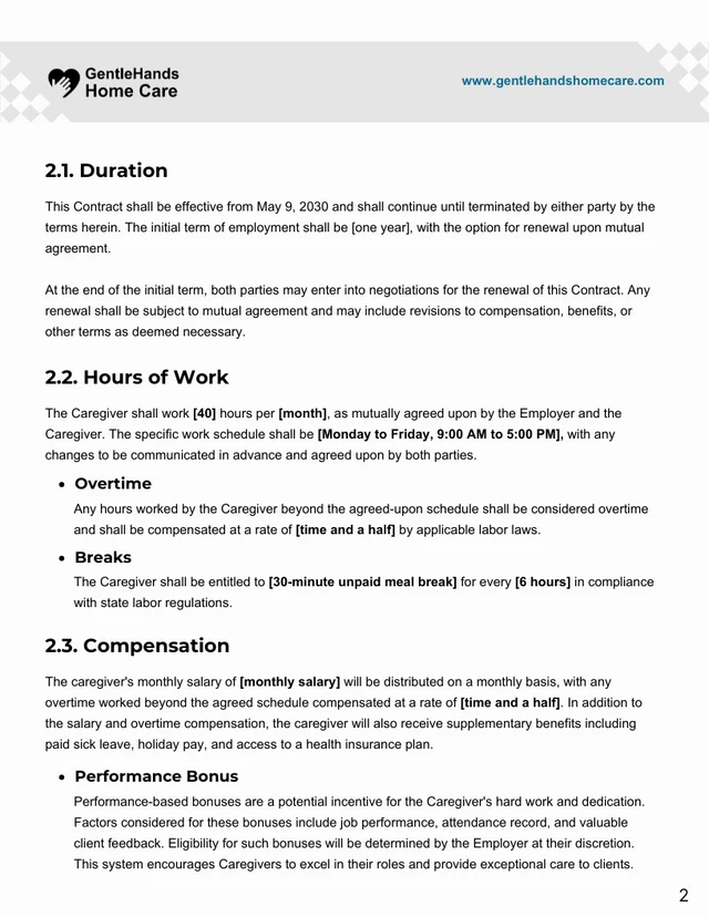 Caregiver Employment Contract Template - Page 2