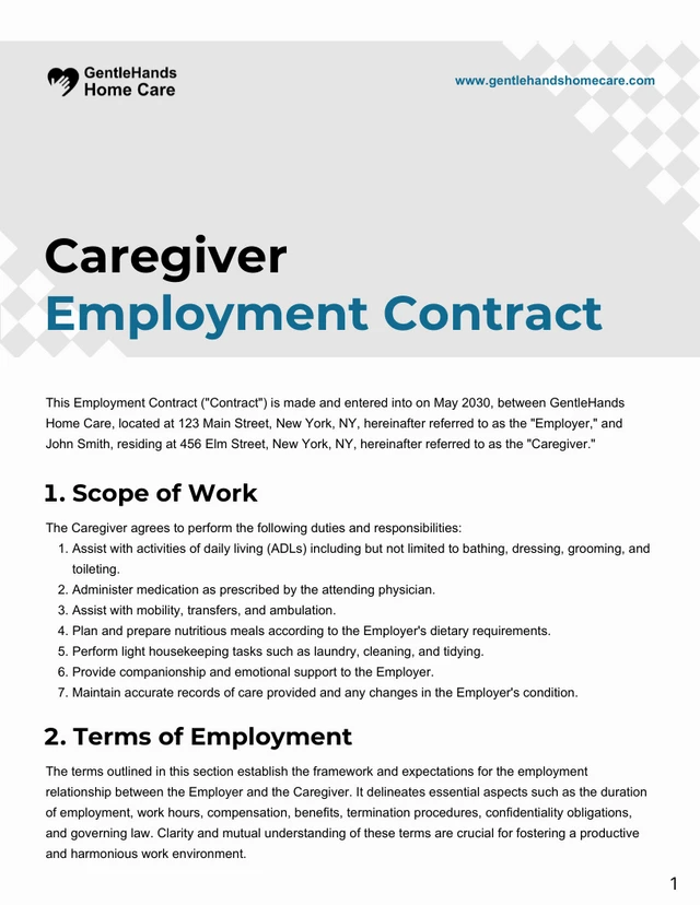 Caregiver Employment Contract Template - Page 1