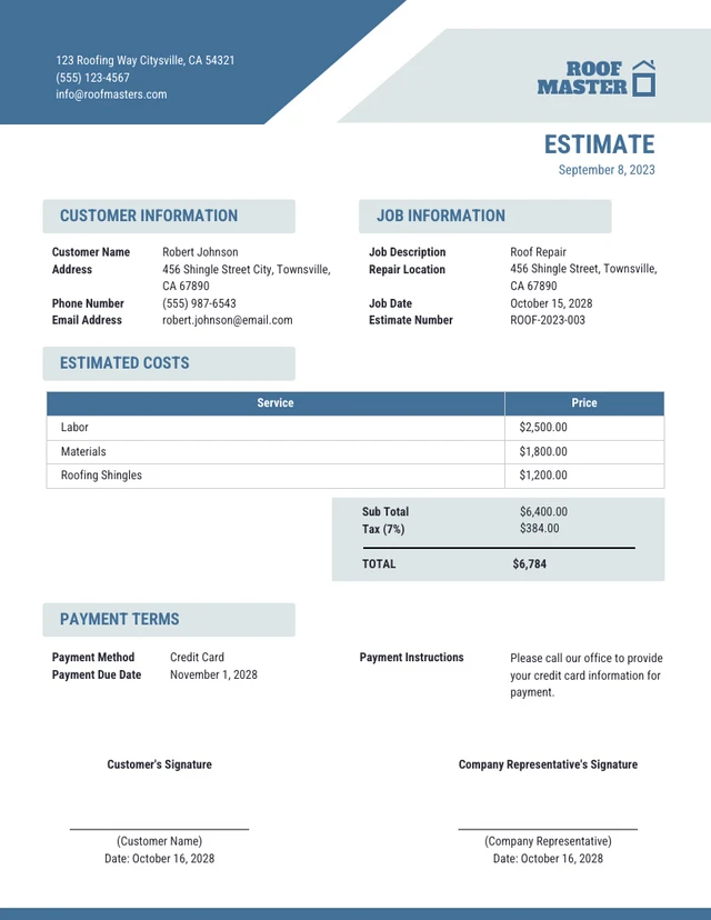 Simple Blue Roof Estimate Template