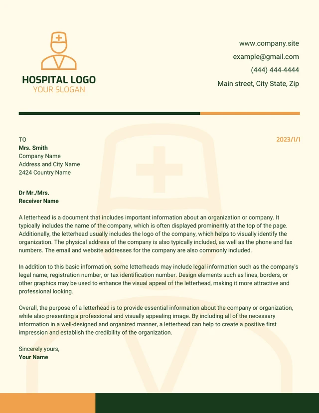 Light Yellow Monochrome Modern Hospital Letterhead Template
