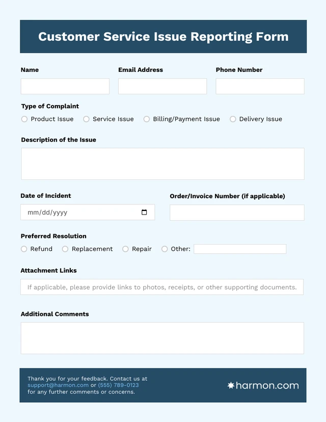 White and Blue Simple Customer Service Form Customer Service Form Template