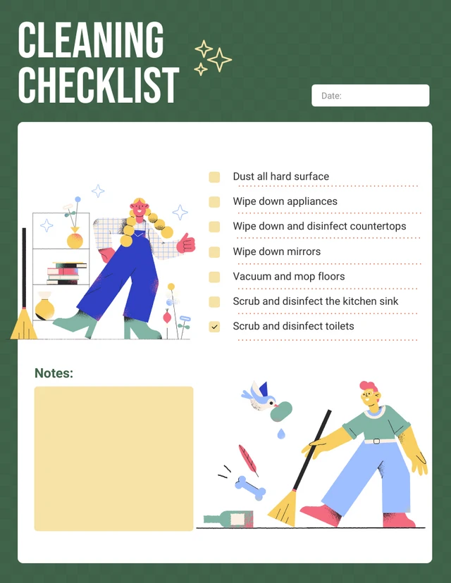 Dark Green Modern Illustration Cleaning Checklist Template