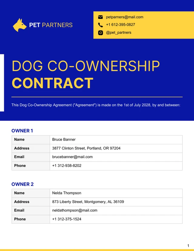 Dog Co-Ownership Contract Template - Page 1