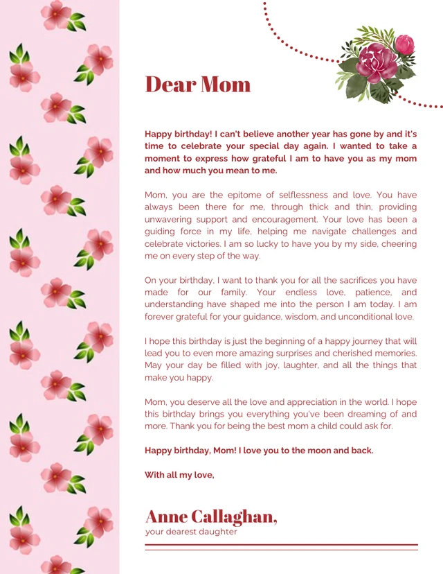 Pink Rose Floral Mom Birthday Letterhead
