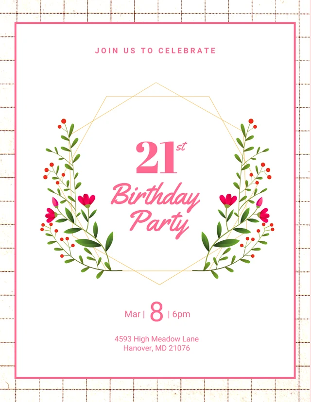 White And Pink Modern Grid Aesthetic 21st Birthday Invitation Template