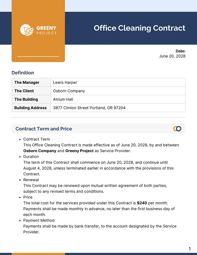 Office Cleaning Contract Template - Page 1