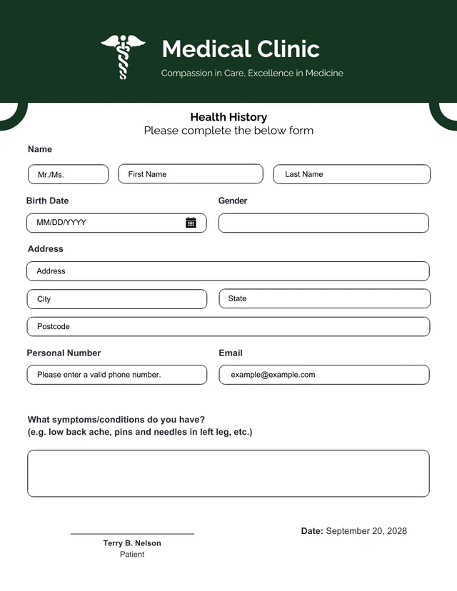 Green and White Simple Health History Forms Template