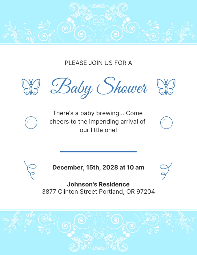 White And Light Blue Butterfly Baby Shower Invitation Template