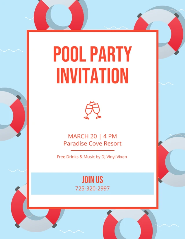 Red And Blue Illustrative Lifebuoy Pool Party Invitation Template