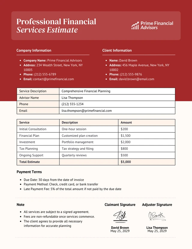 Professional Financial Services Estimate Template