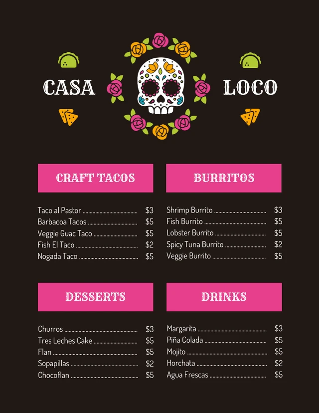 Black And Pink Minimalist Mexican Menu Template