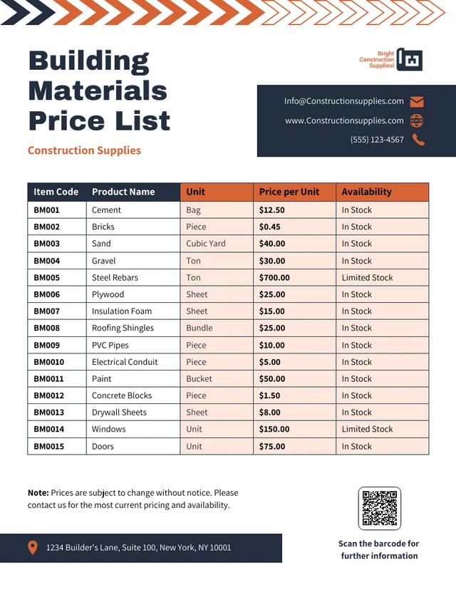 Building Materials Price List Template