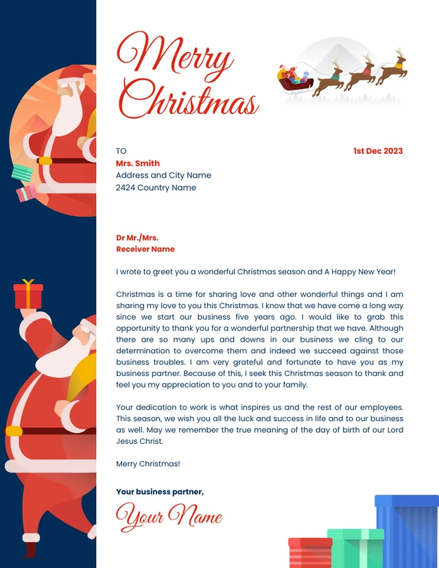 White And Blue Modern Illustration Merry Christmas Letterhead Template
