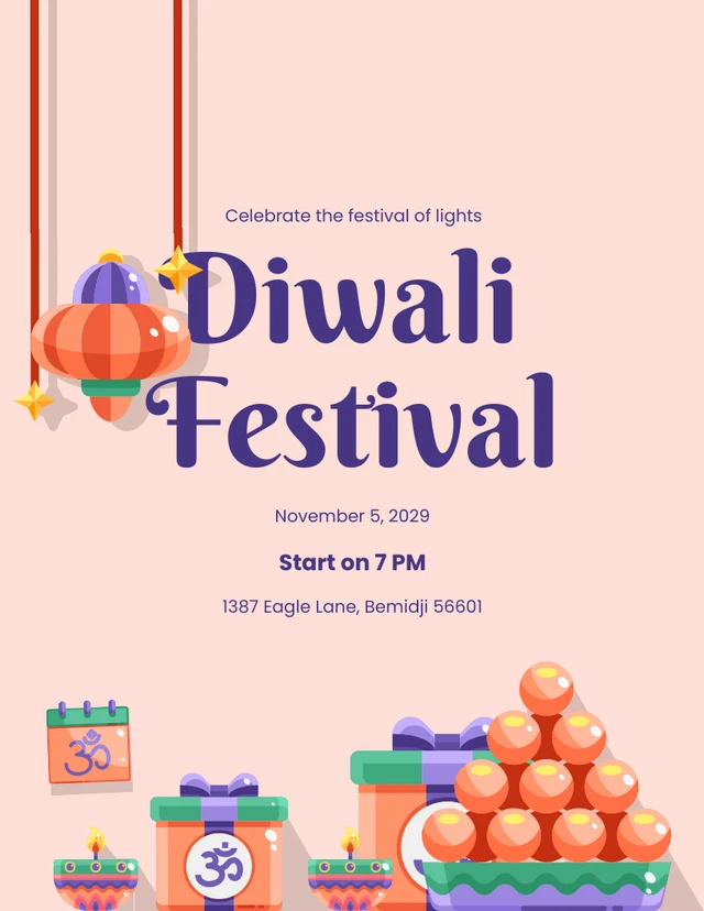 Purple And Soft Orange Simple Diwali Invitation Template